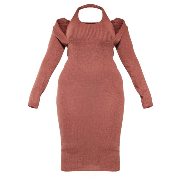 Prettylittlething Plus Chocolate HalteNeck Knitted Midi NWT Size XXL - Picture 5 of 7